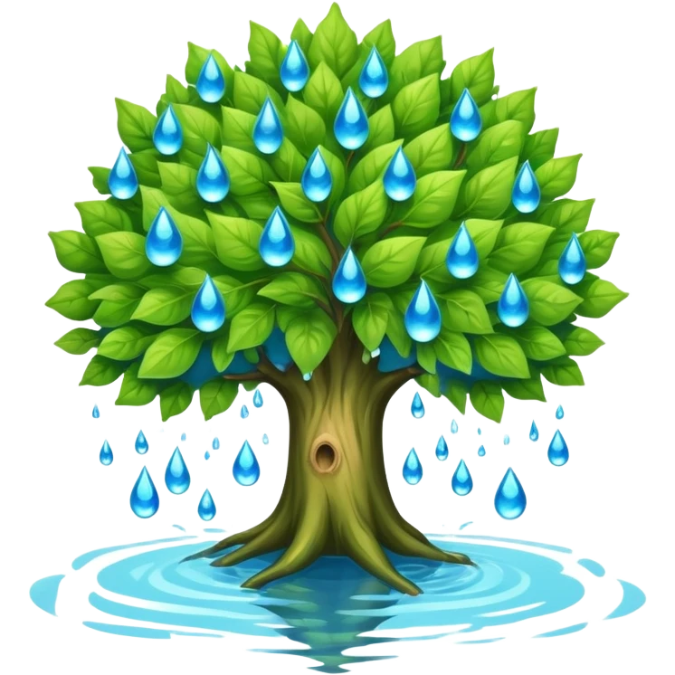a leafy green tree with its crown bursting into blue water drops, no fire or smoke emoji