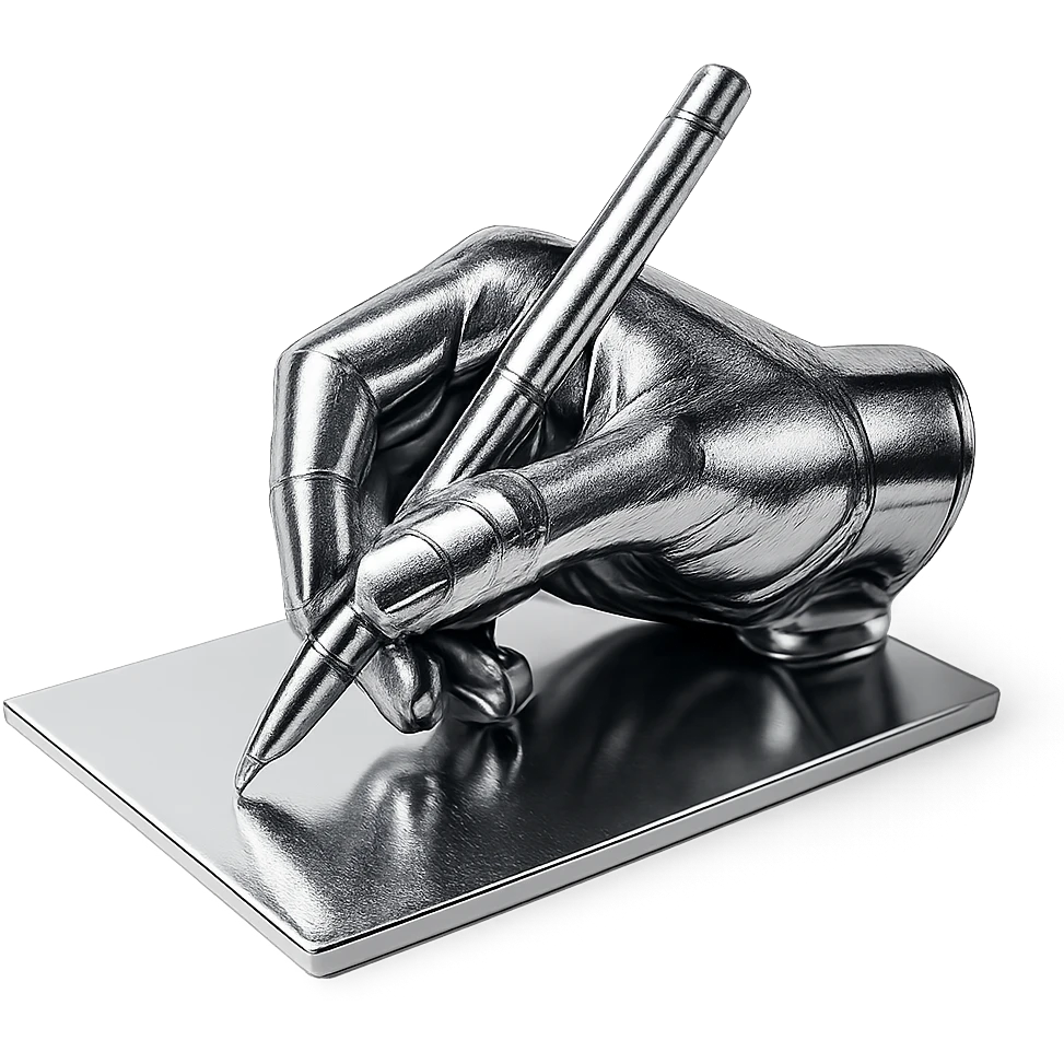 abstract chrome composition of a hand, pen, and paper, radiant and polished emoji