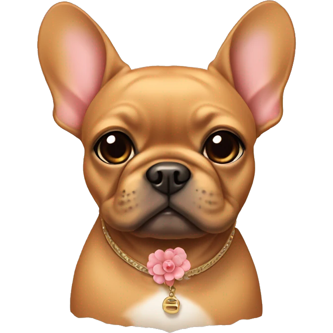 A caramel color frenchie with a collar in shape of a flower emoji