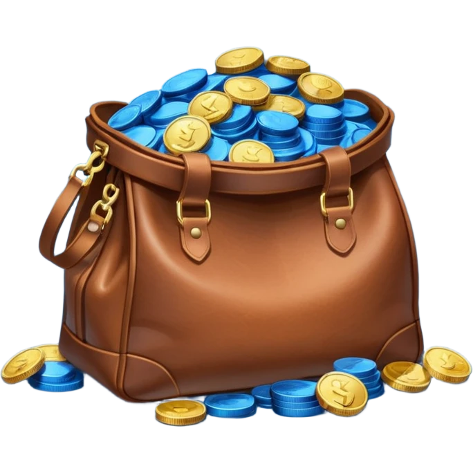 leather bag on top of blue coins stack emoji