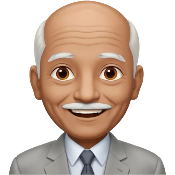 70 yr old indian man, almost bald, some white hair, light grey business suit, big smile, dark brown skin, no moustache, dark brown eyes
 emoji