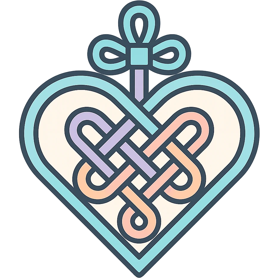 Chinese happiness knot in heart shape, icon-color-outlined style, detailed shadows and highlights, thin clean outlines, soft rounded shapes, pastel palette #98B5BC, #B5B3C1, #C9A3C9, #E4C0CA, #F7DCD1, #F7C0AA, modern Japanese pop art and sticker aesthetic, high detail, vector sharpness, soft lighting, transparent background emoji
