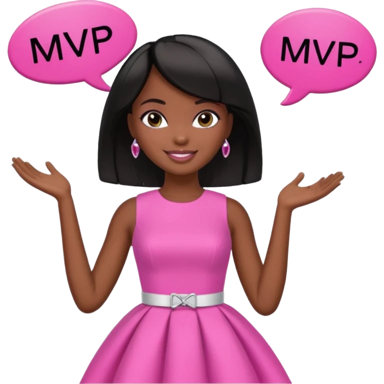 Dark skin Black barbie, short  black bob  hair, pink dress with a sign that says mvp emoji