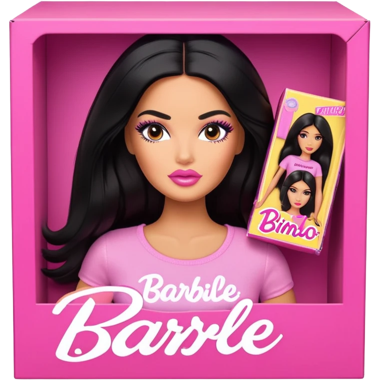  beautiful tan chola  latina that is inside a barbie doll box with thick  black hair wearing a   shirt with words Bimbo shes has big huge thick lips and thick eyelashes fat lips full of lip filler. emoji