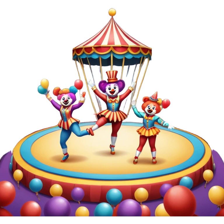Icon for Circus Arts: a grand vibrant circus arena with girls acrobats, a clown, and performing bears. The icon should capture the excitement and energy of the circus, with colorful costumes and a lively atmosphere. Transparent background. emoji