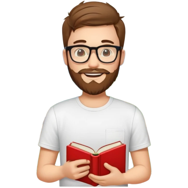 cheerful young man with glasses, beard, white t-shirt, holding a red book, surrounded by emoji-style icons for mountain biking, coding, hiking, climbing, sleeping, and nature emoji