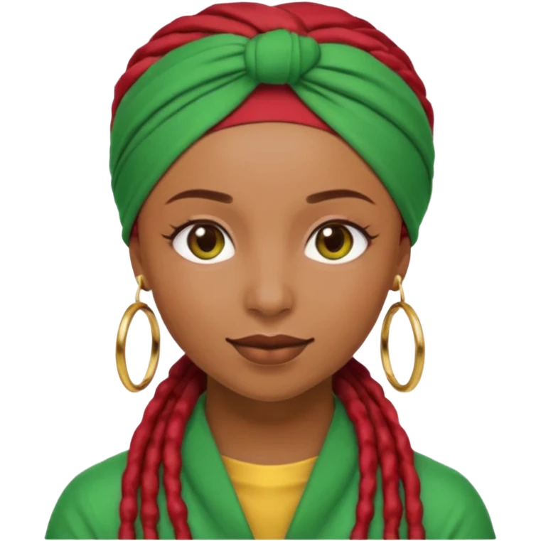 Non-portrait Jayci-vibe emoji, 1024 PNG, transparent. Headwrap (muted R-G-G), hoops, locs hint; soft smile, golden inner glow + faint heart aura. Embed: first-love, roots calm, playful grace, protective joy, consent. emoji