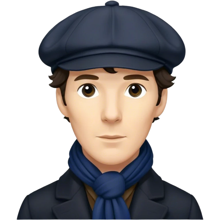 sherlock holmes benedict cumberbatch, wearing a deerstalker hat, Long dark coat, Dark suits, dark Blue scarf emoji