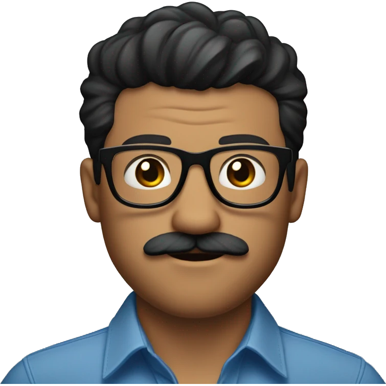  emoji of white man, black hair. blue button up shirt, black glasses, bear and mustache. tattoo of rose on right arm and apple watch emoji