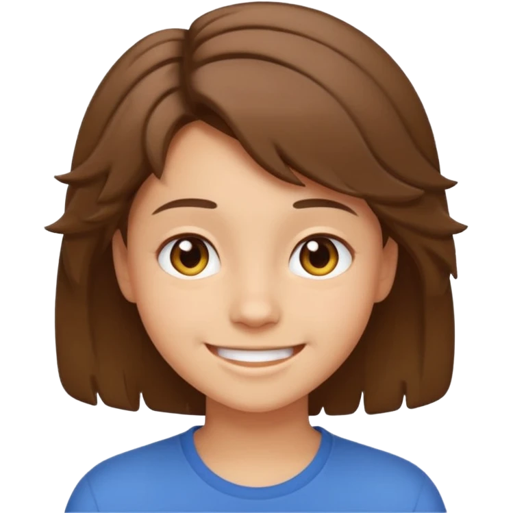 face of young person with short tousled brown hair, light skin, smiling expression, emoji style emoji