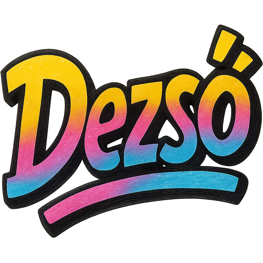 Dezső name in modern colorful gradient font with dark outline, dynamic slanted or partial underline, in the style of reference patterns emoji