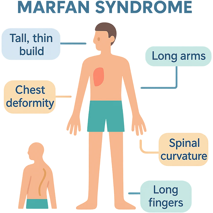 colorful educational graphic showing Marfan syndrome physical features: tall thin build, long arms, long fingers, chest deformity, and spinal curvature, with labeled callouts, suitable for general audience emoji