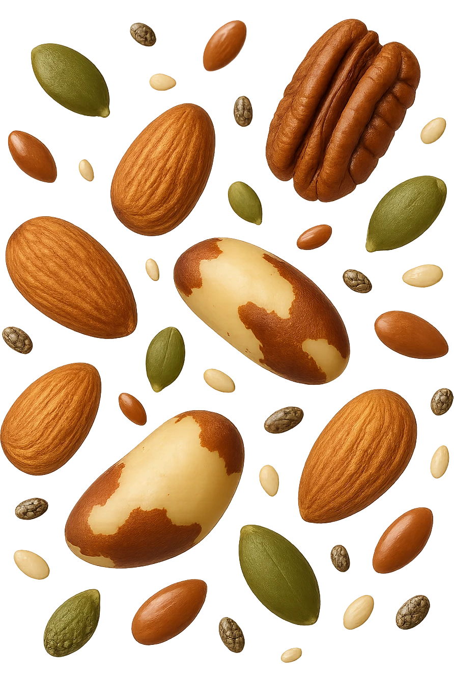 emoji stile iphone 3d di questi elementi che fluttuano in aria:

Semi di chia, lino, zucca, sesamo
Mandorle, noci pecan, noci brasiliane (porzioni limitate)

 che fluttuano sparse casualmente in aria, iperealistico 4k emoji