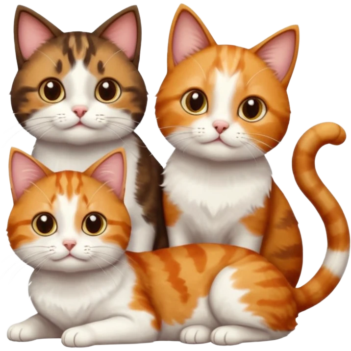 3 different coloured small cats including a dark brown tabby and white, and a patchy calico, and a ginger and white emoji