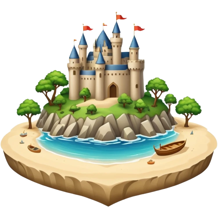 A huge island with trees boats and sand in the middle there is a huge beautiful castle emoji