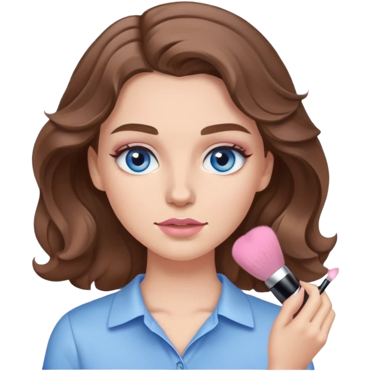 White girl with wavy brown hair and blue eyes and a light pink shirt putting makeup on emoji