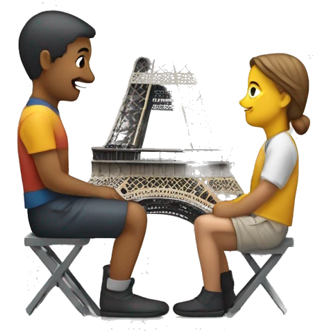 deux petit groupes de personnes qui se poursuivent en courent avec la Tour Eiffel en arrière plan emoji