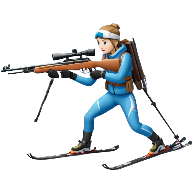 An icon showing a snowy landscape with pine trees, mountains, and a clear sky with a biathlete aiming a rifle in the foreground, wearing winter gear and skis. Transparent background emphasizes the precision, endurance, and beauty of this winter sport. emoji