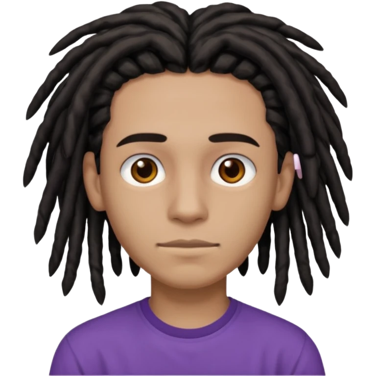 brown teen with black dreads in a middle part with brown eyes and a small faint mustache and purple shirt emoji