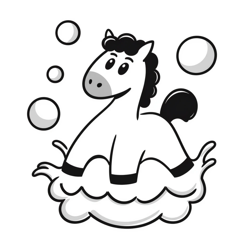 A whimsical horse made of interconnected bubbles and water splashes, looking playful emoji