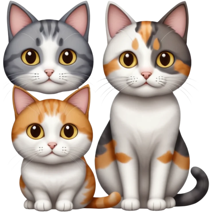 3 different coloured short haired cats including; a dark brown tabby and white cat, and a dark grey and white  emoji