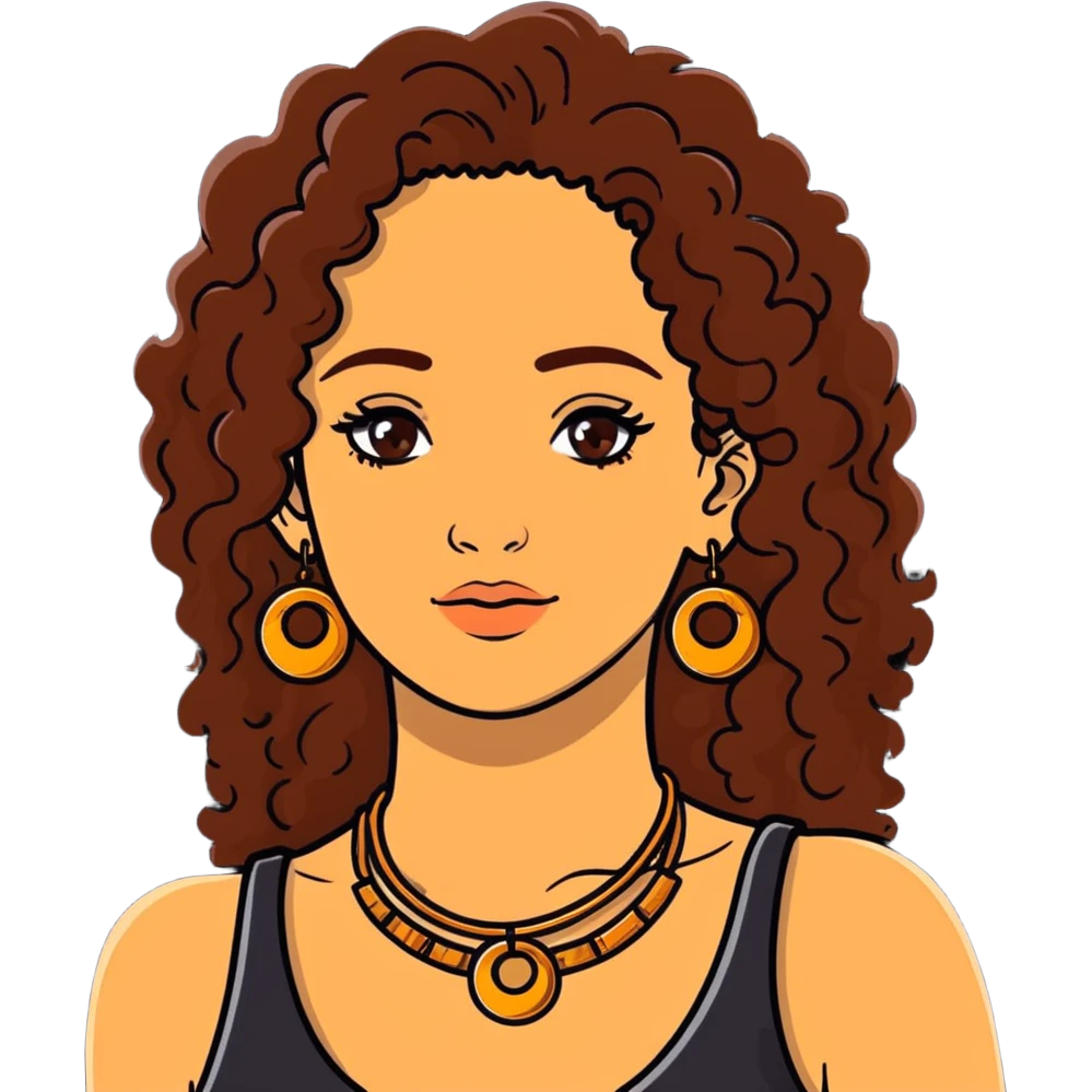 Attractive Greek woman with freckles, long curly amber-brown hair, gold hoop earrings and small necklace emoji