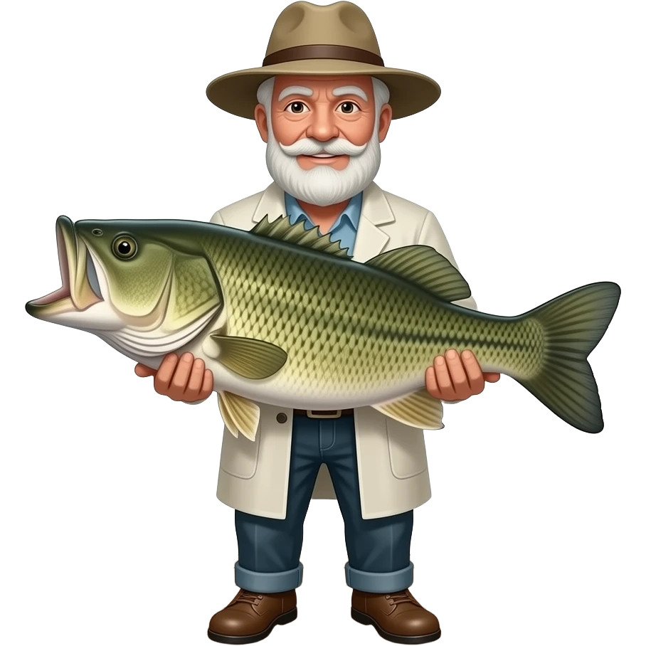 old fisherman with a white coat on and hat holding a huge bass emoji