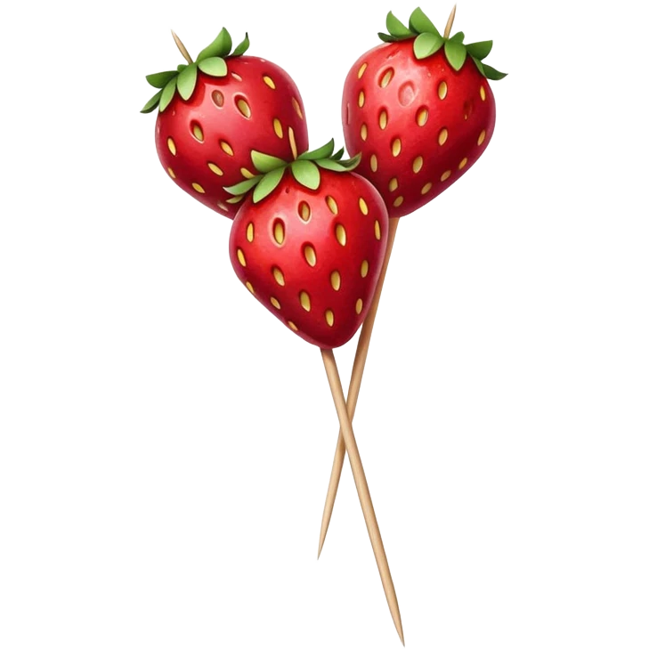 three strawberries on a wooden skewer coated in shiny sugar glaze emoji