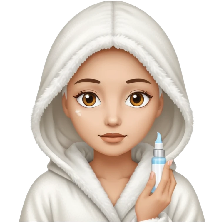 Woman wearing fluffy hooded robe with eye cream emoji