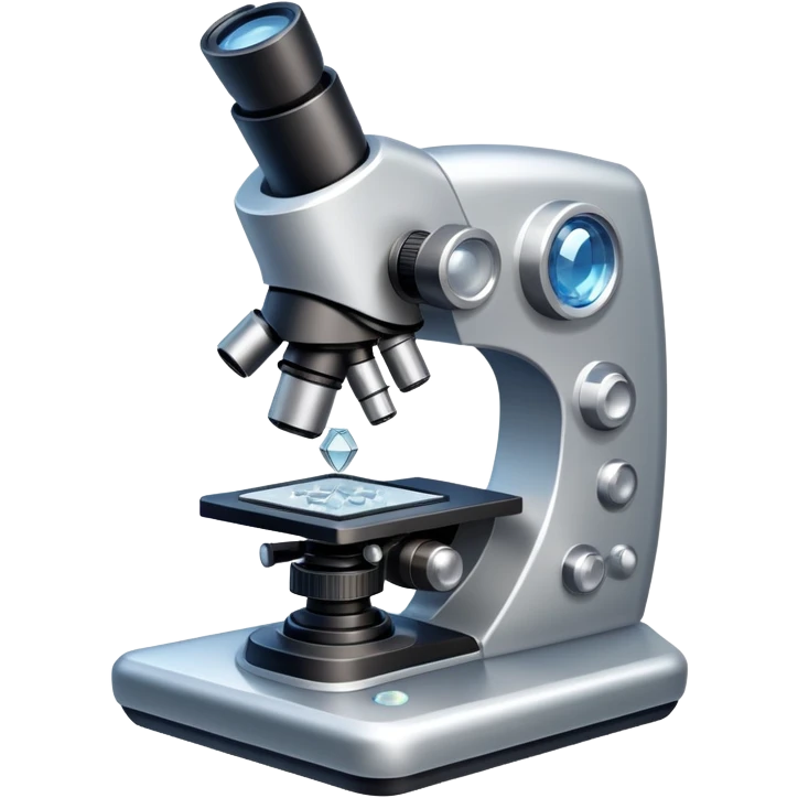 An icon featuring an electronic microscope, a metal alloy, atomic structure symbols, and a crystal structure, symbolizing materials science. The design includes different materials like metals, ceramics and polymers, alongside a stamp representing testing and quality control. Transparent background emoji