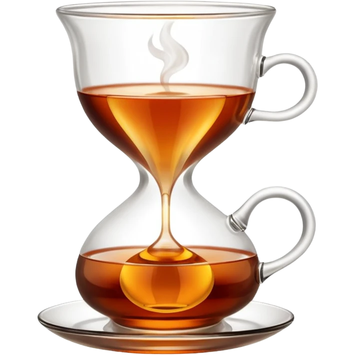 Traditional Turkish tea glass, small clear hourglass shape, filled with hot amber tea on a saucer. emoji