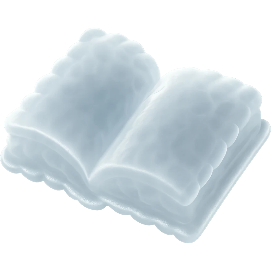 top view of a thick open book made entirely of small, very bright white fluffy convex clouds, matte glass style emoji