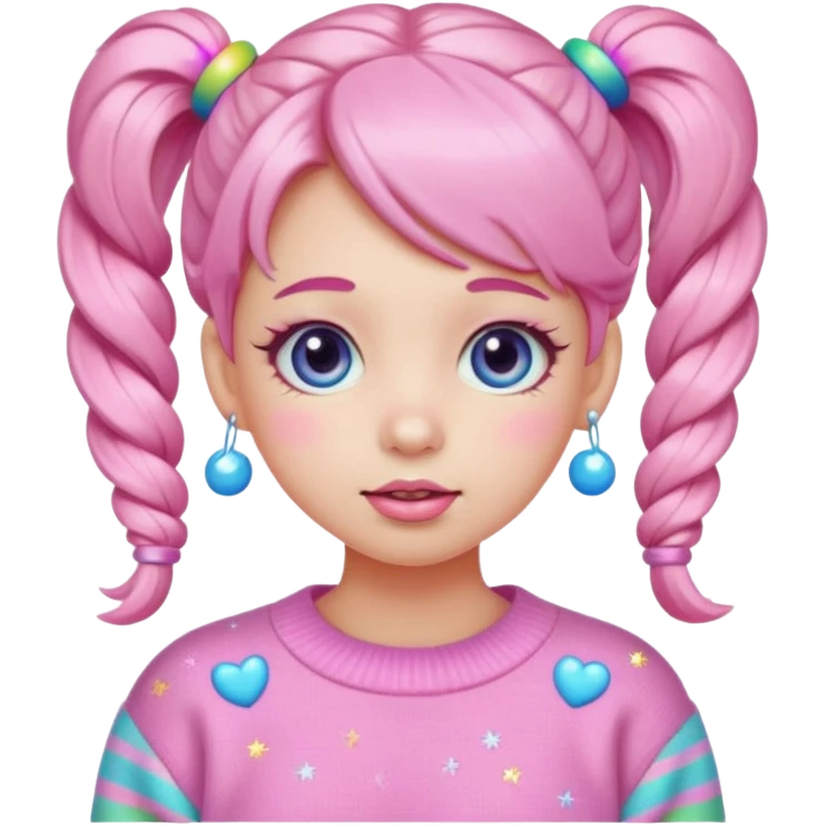 “Emoji girl, pastel pink blush, sparkly wide eyes, glossy bubblegum lips, hair in cute pigtails with colorful clips, wearing oversized pastel sweater.” emoji
