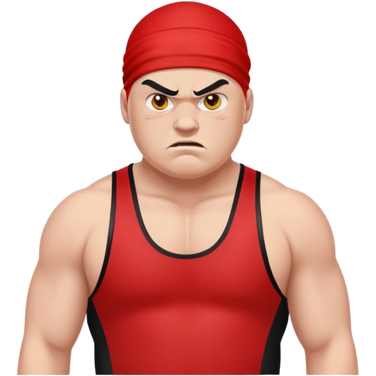 Close-up of white skin fat guy with young face, no muscle with prominent black durag, completely shaved face, no beard or mustache, black eyes in a red and black wrestling singlet with angry face emoji