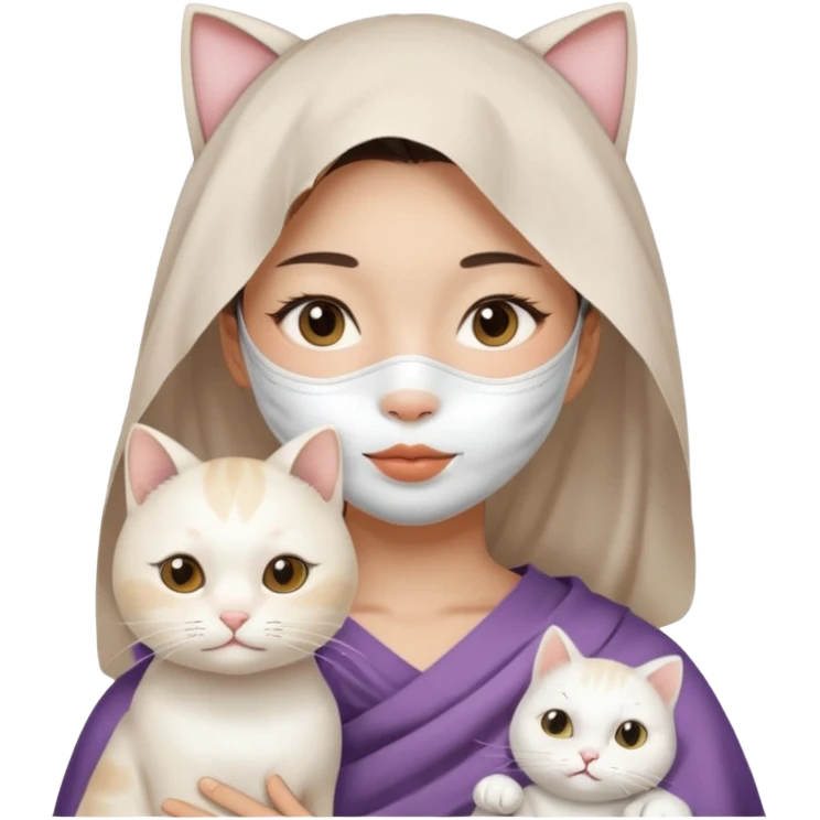 Asian girl with full facial sheet mask pack with one  white cat emoji