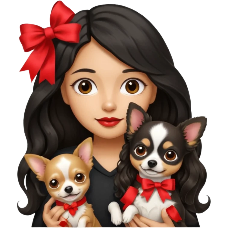 A girl with light to medium skin with olive skin tone, with long black hair with wavy bottom. Holding a chihuahua dog wearing a ribbon emoji