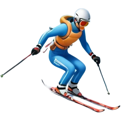 An icon featuring snowy peaks, pine trees, and a picturesque mountain landscape with a skier racing down a snow-covered slope, The sky is blue with soft clouds, capturing the thrill and beauty of alpine skiing. Transparent background highlights the excitement and serenity of winter sports. emoji