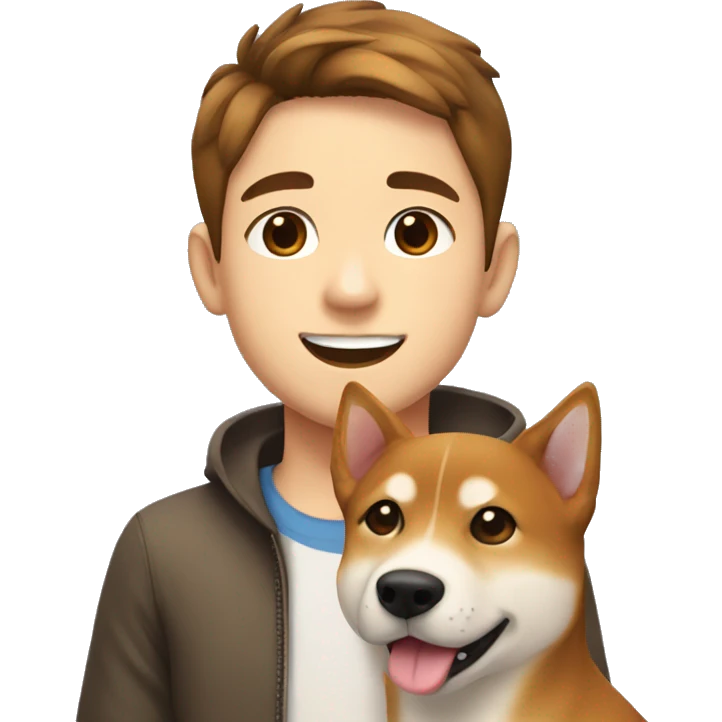  boy with brown hair with brown eyes and wide brows 12 years smiling and hugging dog shiba inu  emoji
