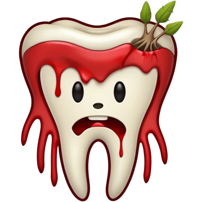 Minimalist emoji-style sticker of a pulled tooth with roots and a smear of blood at the base. Black and desaturated red colors. Flat, clean outline on white.
 emoji
