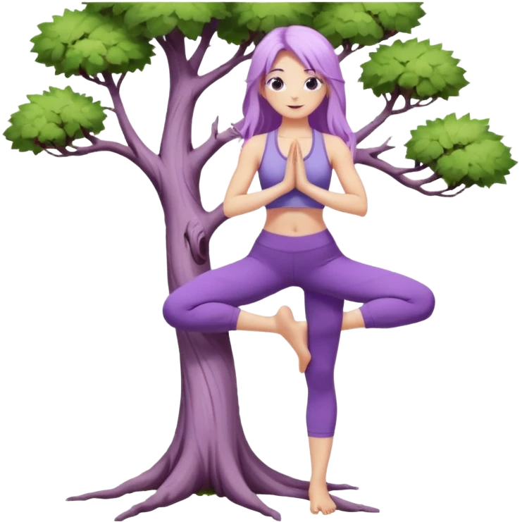 Девушка белокожая, с длинными светло-фиолетовыми волосами, в одежде для йоги, стоит в позе дерева, в стиле бимбо пилатес, две руки, две ноги emoji