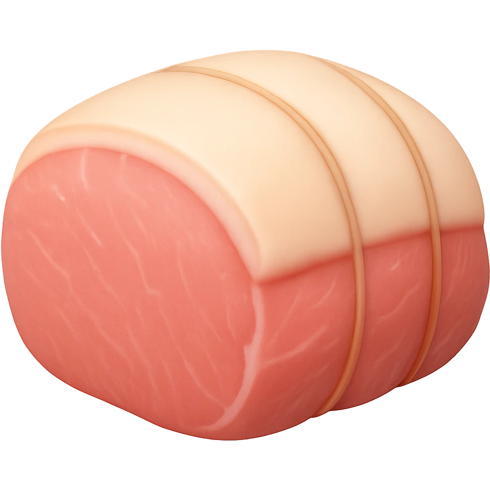 Create an image of a whole raw pork roast with a thick, rounded shape, light pink flesh, smooth slightly moist surface, creamy white fat cap on top, subtle marbling, optionally tied with simple butcher's twine. Remove any face or anthropomorphic features. No tray, garnish, or extras. The style should emulate the Apple emoji style with soft lighting and subtle shadows, emoji scale, and transparent background. emoji
