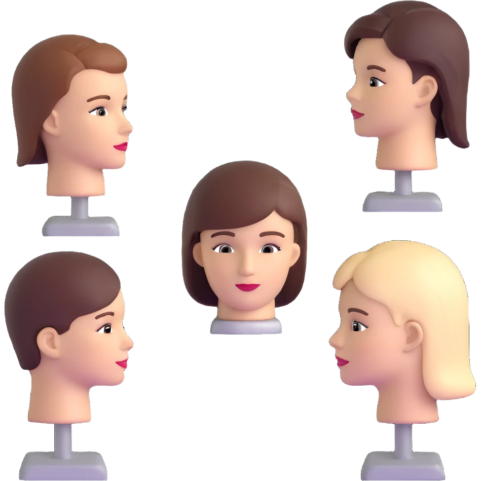 hair salon classroom with students practicing on mannequin heads emoji