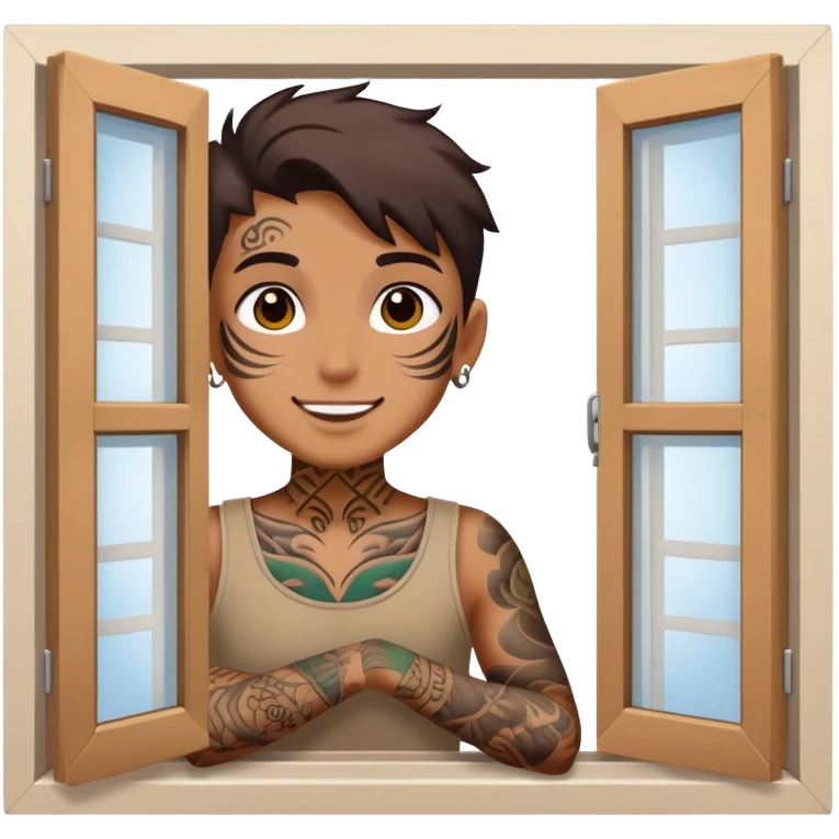 person with face tattoo looking out of window and he is opening shatters happy emoji