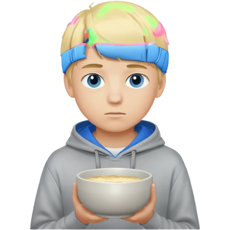 Teen boy with blue eyes and Grey hoodie standing up with blond short bowl cut emoji