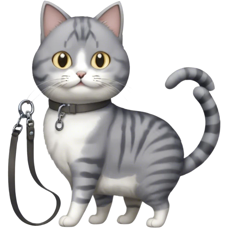 gray and white cat on a leash emoji