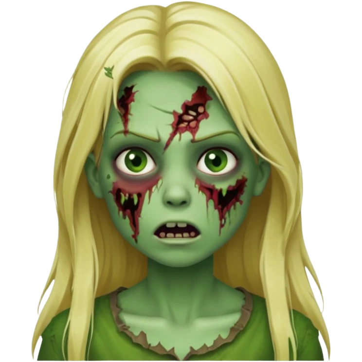 girl zombie with blonde long hair green skin and with no angry face and with the mouth closed emoji