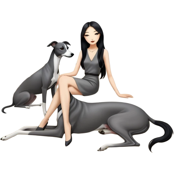 Very thin Chinese woman with long black hair relaxing in a luxurious hotel suite with exactly ONE whippet dog. EXTREME IMPORTANCE: the whippet must be ONE SOLID VERY DARK CHARCOAL GREY COLOR from nose to tail with ABSOLUTELY NO WHITE MARKINGS anywhere - NO white on face, NO white on muzzle, NO white on chest, NO white on paws, NO white on tail - NOTHING BUT A SINGLE SHADE OF VERY DARK GREY throughout the entire animal emoji