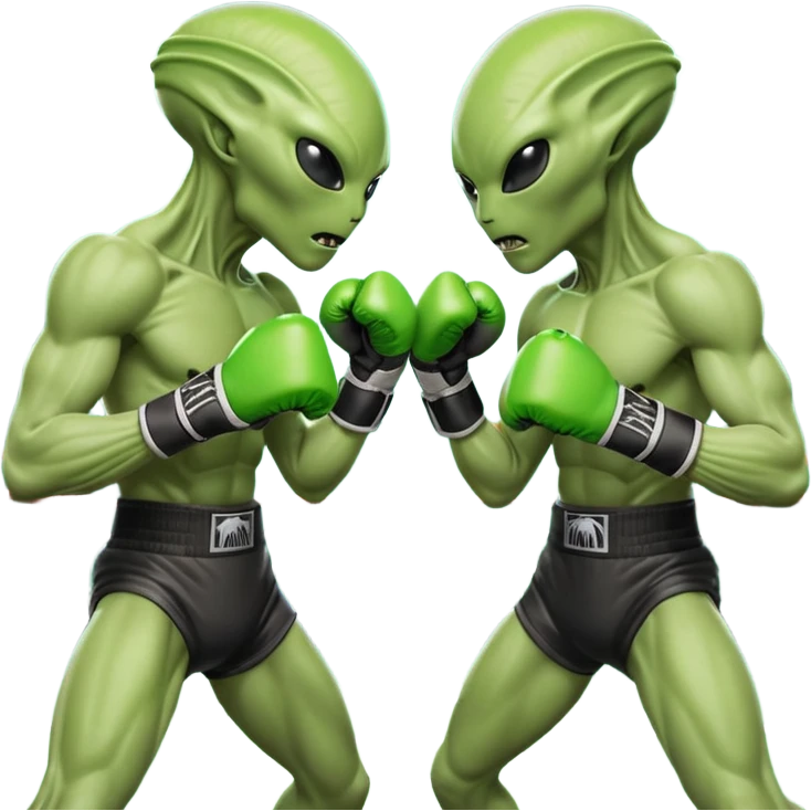 two aliens boxing in a fight stance, facing each other with raised gloves, dynamic action pose, intense expressions, sci-fi arena vibe, 3D cartoon style, mobile game icon style, clean background, no text, no watermark
 emoji