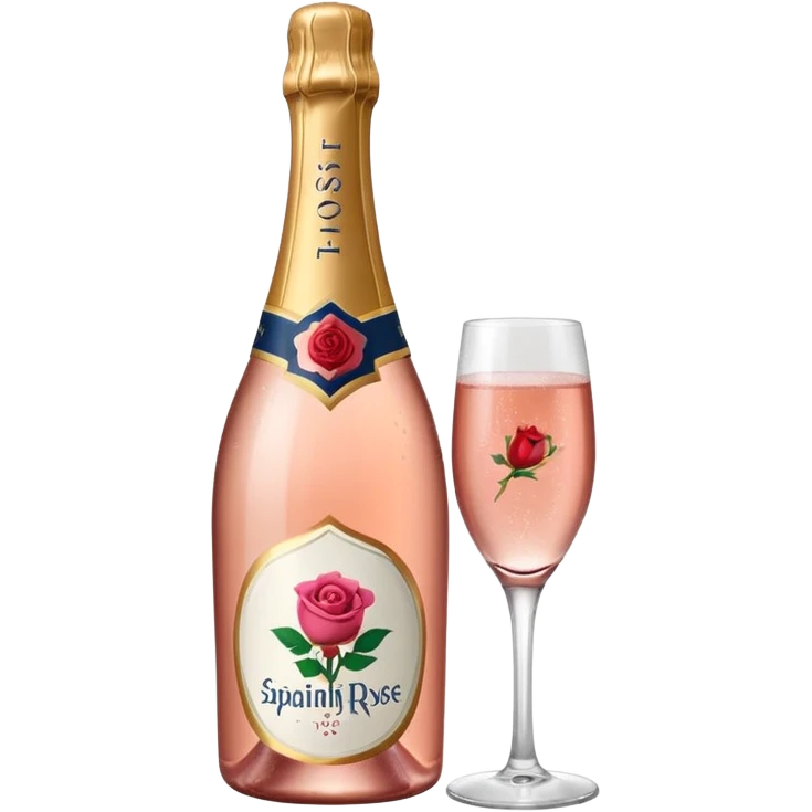 bottle of sparkling rose champagne tilted up and to the right, with a rose logo, no glass emoji