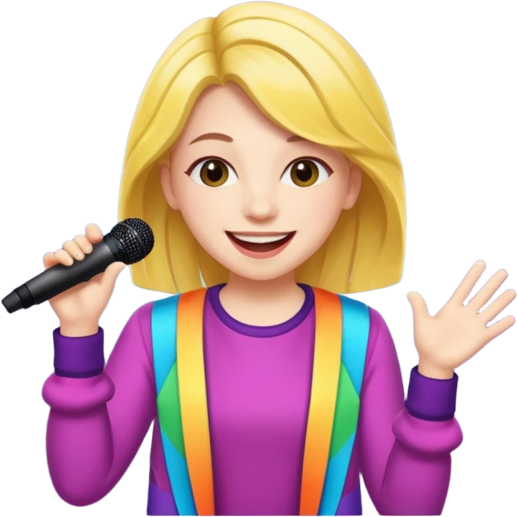 A cheerful teen singer with colorful outfit, performing with big smile. emoji